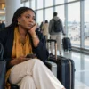 Nigerian traveller sitting alone with luggage in an airport