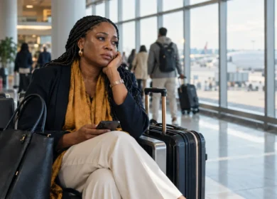 Nigerian traveller sitting alone with luggage in an airport