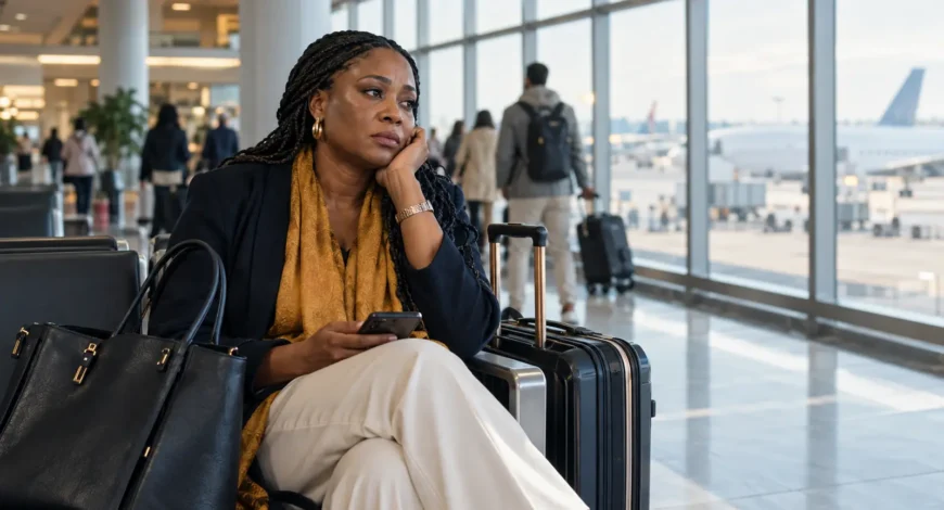 Nigerian traveller sitting alone with luggage in an airport