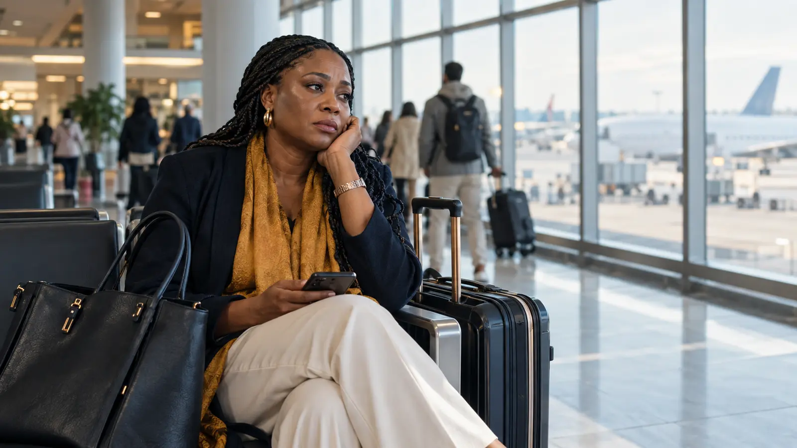Nigerian traveller sitting alone with luggage in an airport