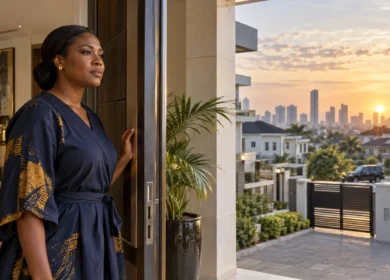 Nigerian woman looking across Lagos from the doorway of her home