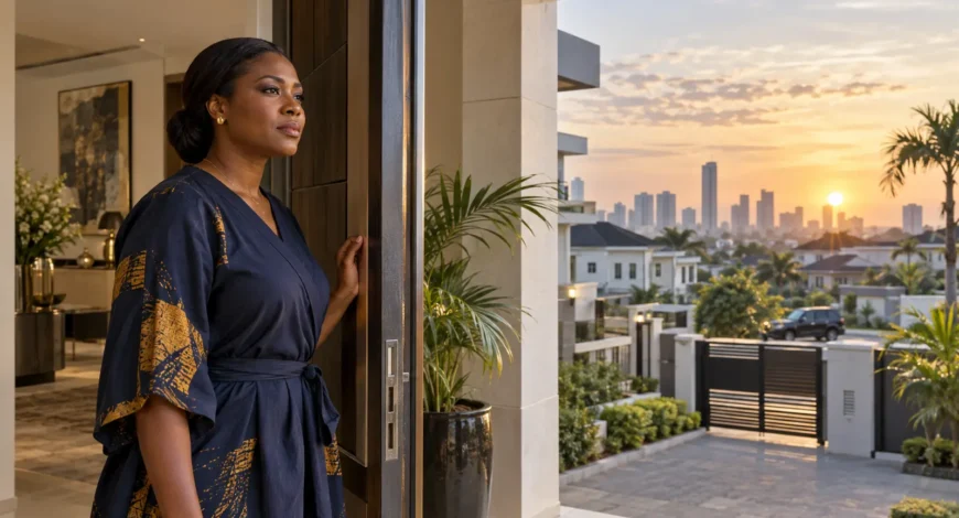 Nigerian woman looking across Lagos from the doorway of her home