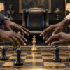 Hands reaching toward a gold king on a chessboard