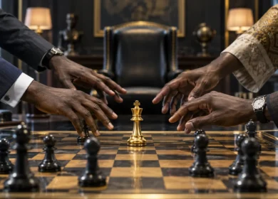 Hands reaching toward a gold king on a chessboard