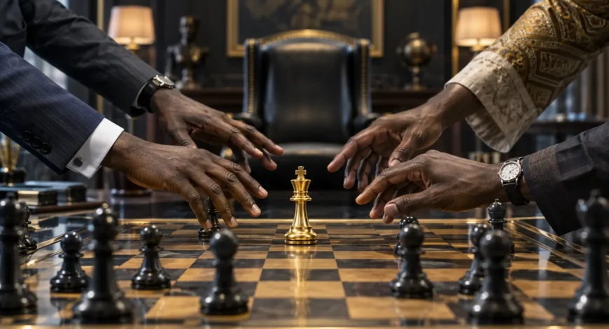 Hands reaching toward a gold king on a chessboard