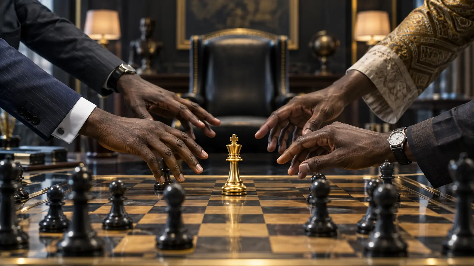Hands reaching toward a gold king on a chessboard