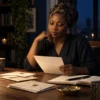 Nigerian woman reading an unfinished letter at her writing desk