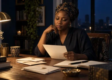 Nigerian woman reading an unfinished letter at her writing desk