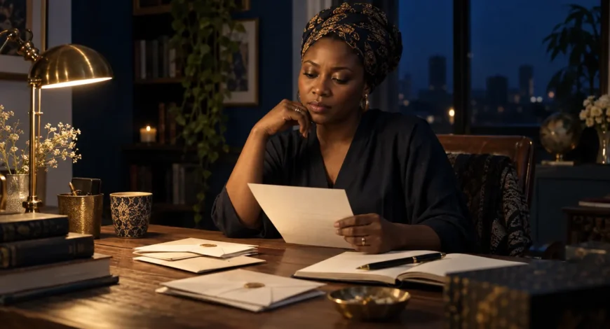 Nigerian woman reading an unfinished letter at her writing desk