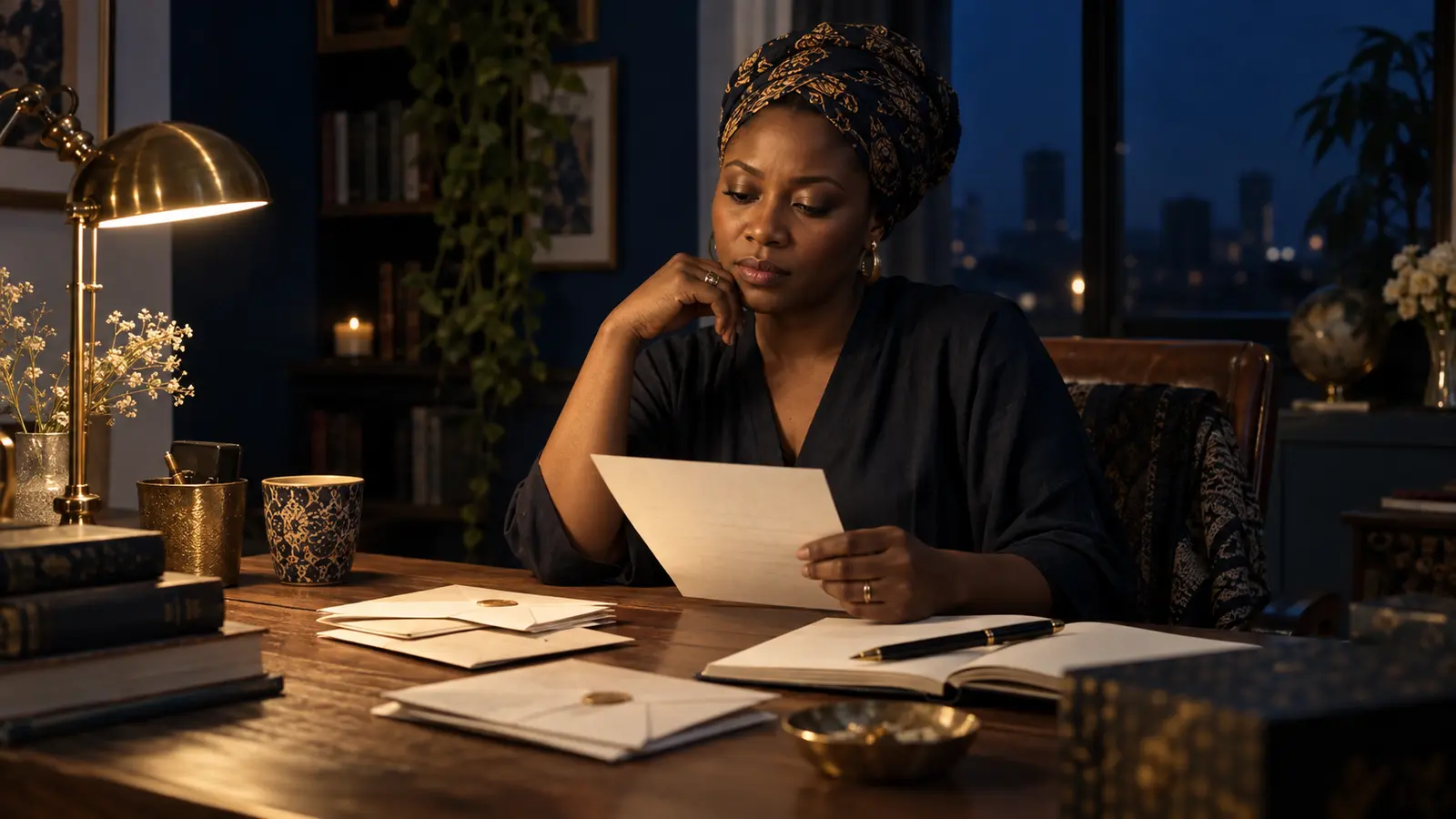 Nigerian woman reading an unfinished letter at her writing desk
