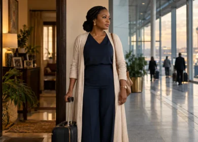 Nigerian woman standing between home and an airport departure hall