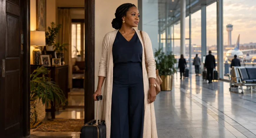 Nigerian woman standing between home and an airport departure hall