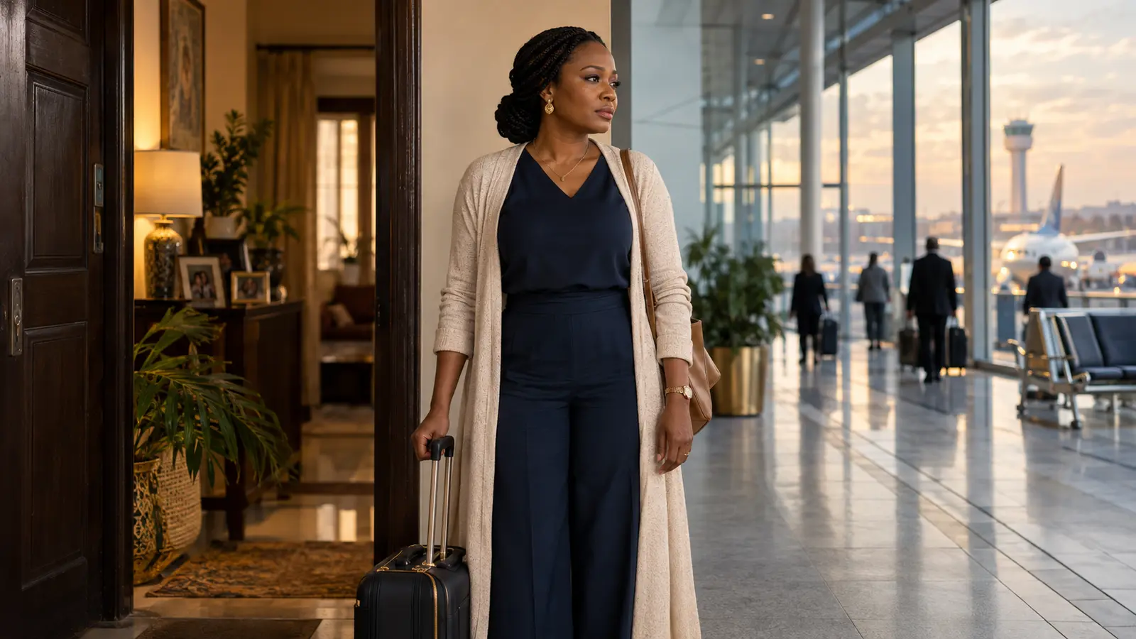 Nigerian woman standing between home and an airport departure hall